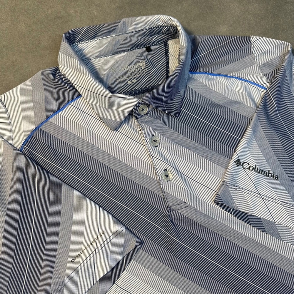 Columbia Golf Polo Mens Medium Blue Grey Omni-Freeze Diagonal Stripe Excellent